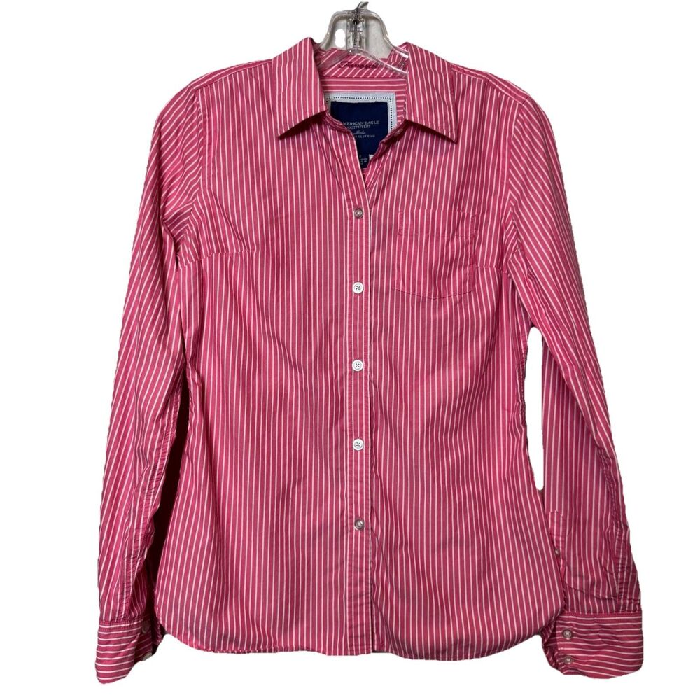 American Eagle 100% Cotton Pink White Striped Long Sleeve Button Up Shirt Sz 4